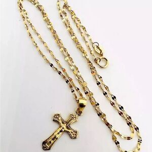 18k Solid Gold Cross Pendant Necklace Fancy Chain 1.6gm Vintage Jewelry